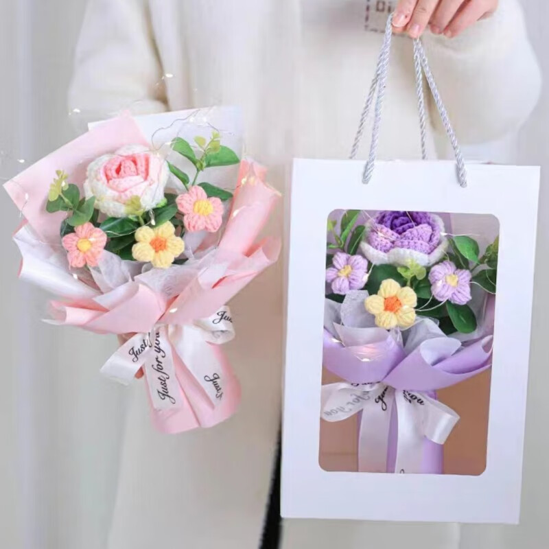 圣哲园手工毛线编织玫瑰花束成品毕业送女朋友闺蜜生日情人节教师节