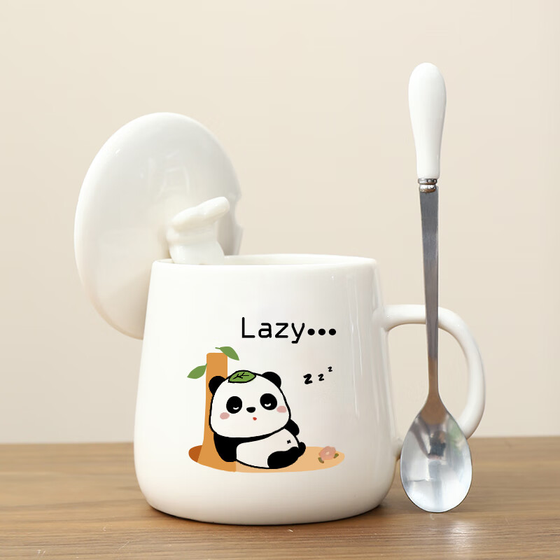 泉劲可爱卡通熊猫陶瓷杯大容量马克杯带盖勺高颜值咖啡牛奶杯定制logo 小歇一会+蝴蝶白盖+钢勺