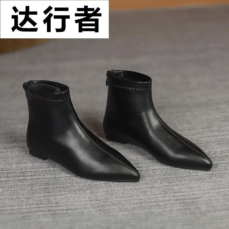 穿的鞋子拉带皮鞋小码及裸靴313233尖头平底内增高短靴女 黑色单里 30