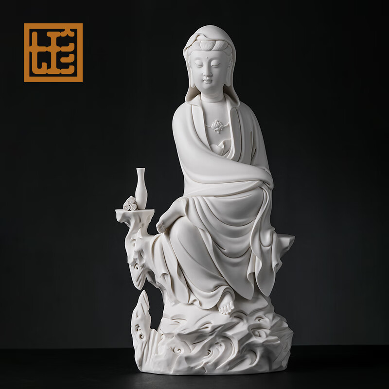 七珍陶瓷佛像《坐岩自在观音》林建平大师白瓷家居瓷雕艺术收藏品 d26