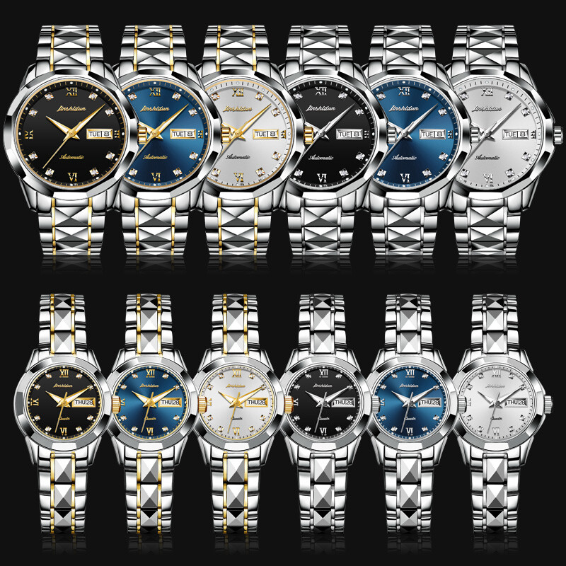 金仕盾瑞士2024年新款防水男女士手表情侣情侣款一对机械表官方十大名表 8813钢带间蓝情侣手表一对