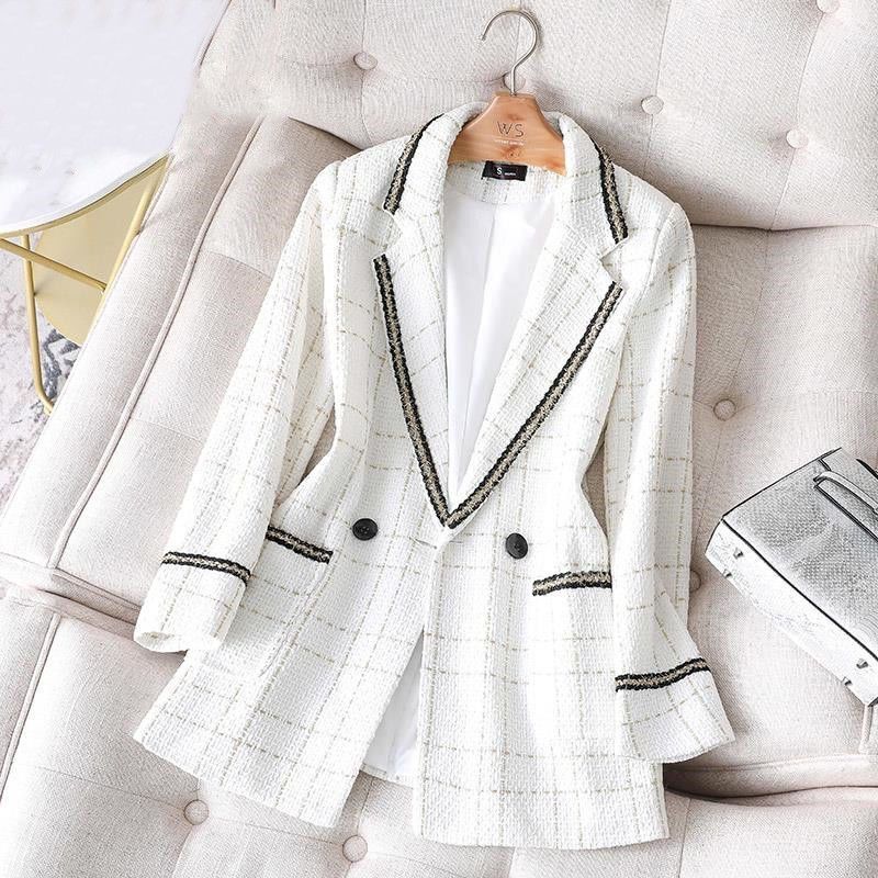 胖mm洋气格子西服上衣 白色格子上身胖和卡码拍大一码 m建议85100斤