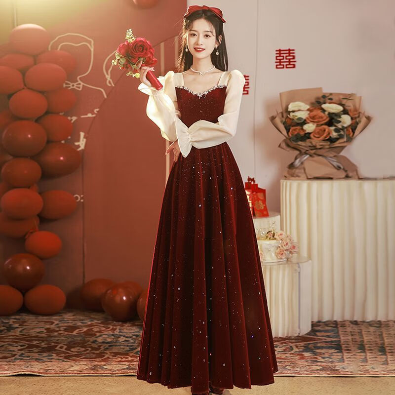 閃動少女敬酒服新娘小個子酒紅色平時可穿紗袖訂婚連衣裙出閣宴回門禮服女 酒紅色 長袖長款 M