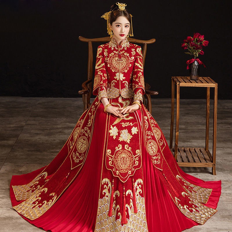 红衣金线 秀禾服新娘2023新款中式结婚大码嫁衣敬酒服出阁凤褂小个子