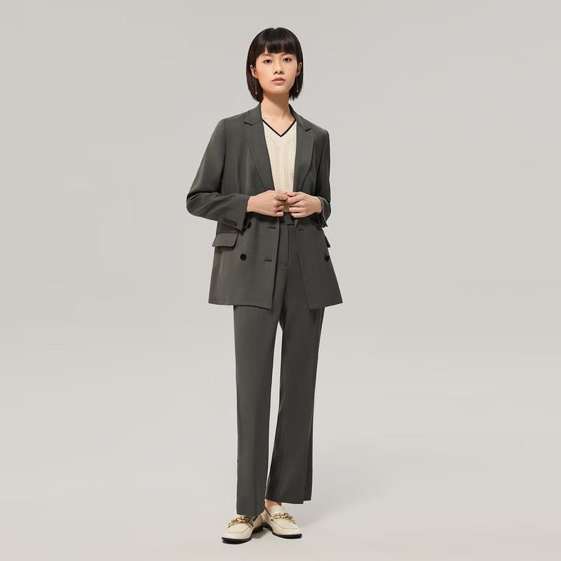 OVV 秋冬热卖女装羊毛混纺垂坠廓形微喇套装西服裤子 绿灰C1 M