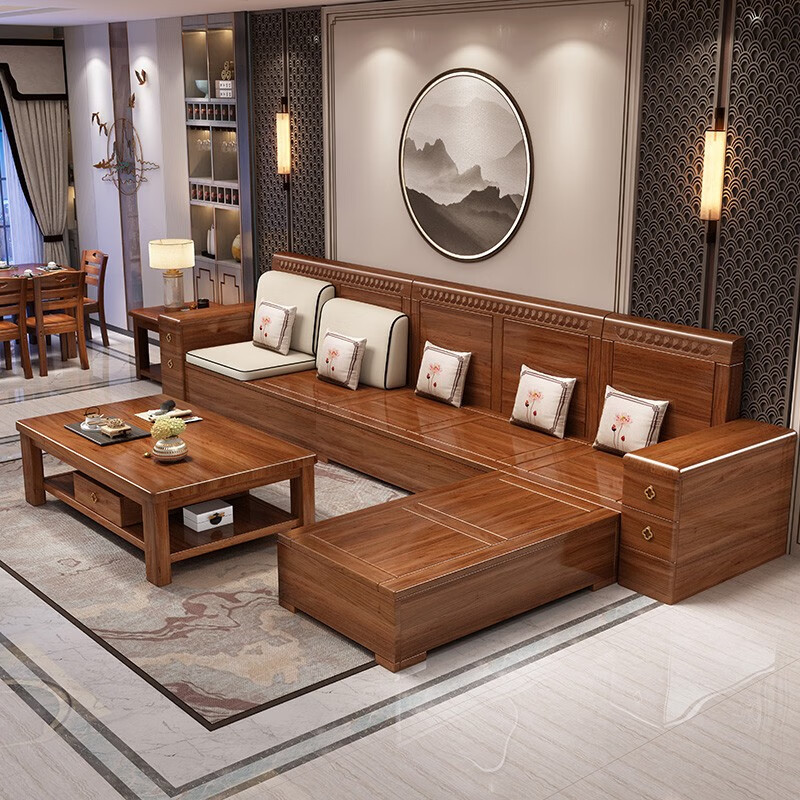 木禾蕙 胡桃木实木沙发组合现代中式客厅冬夏两用贵妃转角带储物农村
