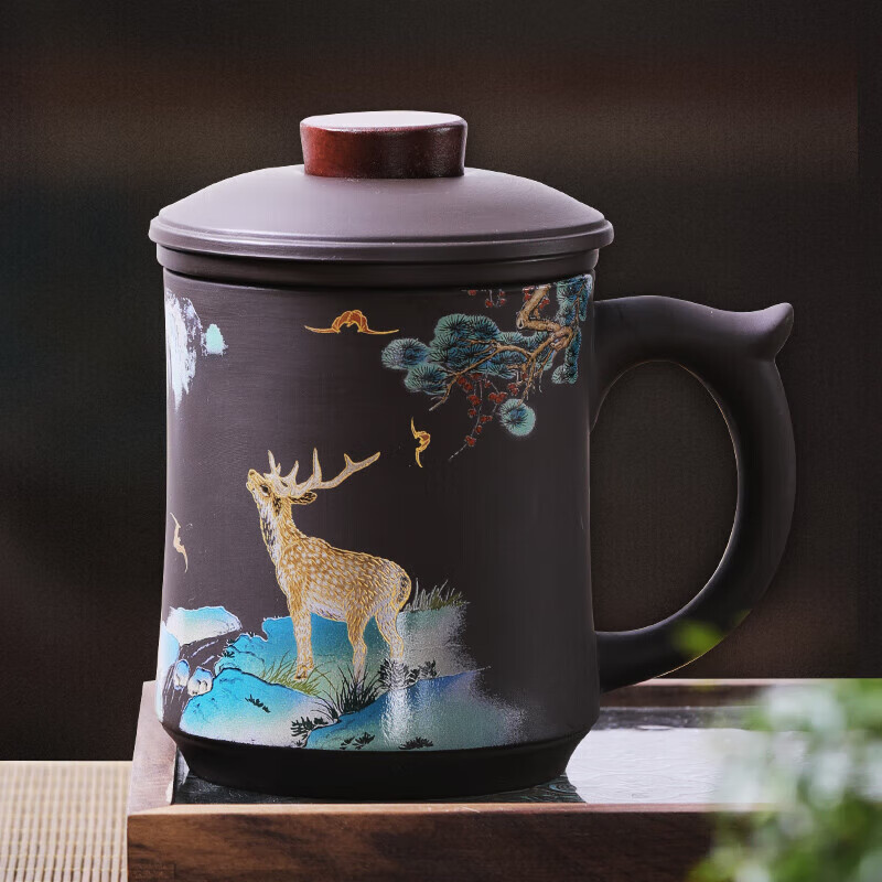 博为茶杯紫砂杯茶水分离三件套水杯过滤带盖主人杯一鹿相伴紫砂办公杯
