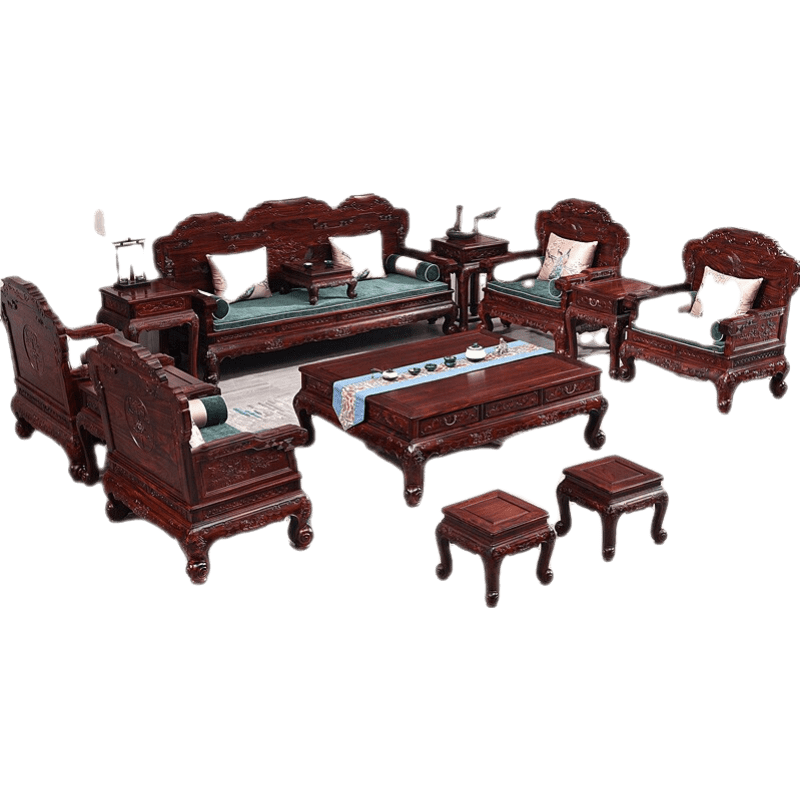 一舍 红木家具 印尼黑酸枝(学名:阔叶黄檀)沙发花开富贵款明清古典雕花中式家具家用客厅全套组合套装 沙发113七件套+2凳子 默认1
