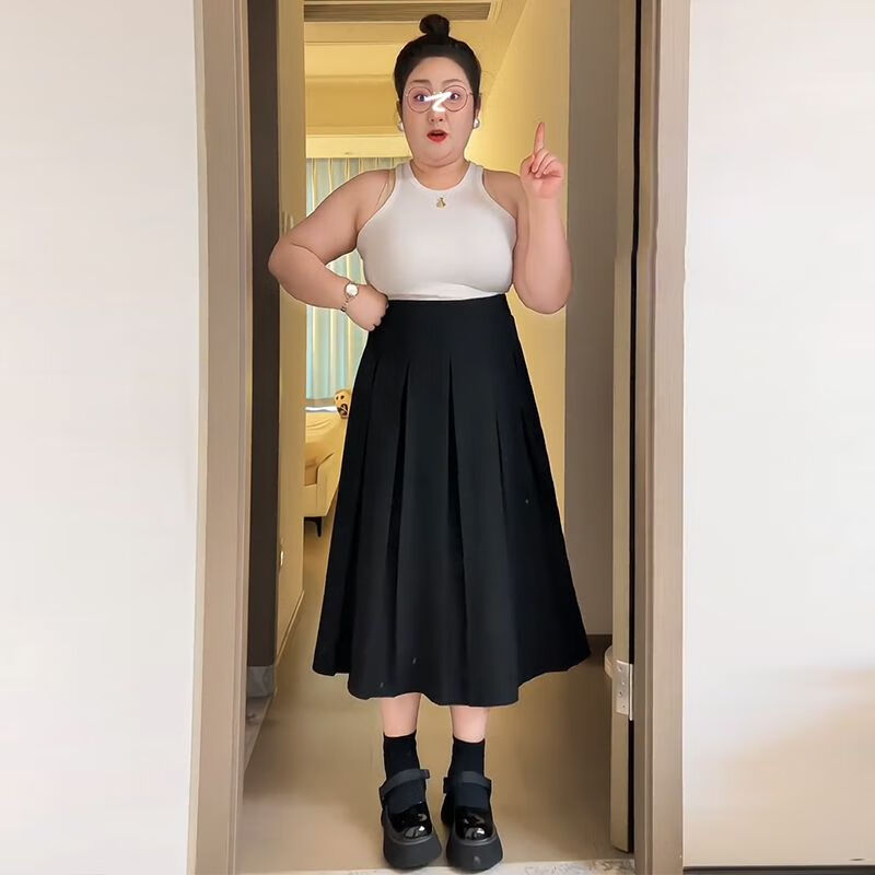 xwdkq夏季大码女裙半身裙遮肚子a字女中长款春高腰百褶裙胖mm显瘦伞裙
