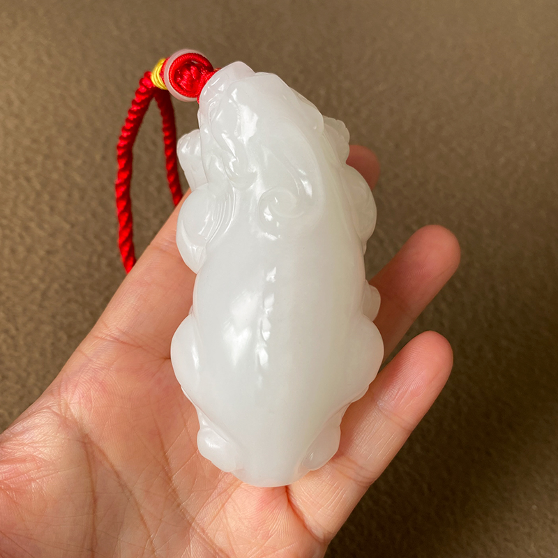 墨韵 新疆和田玉羊脂白玉貔貅手把件玉石皮休立体雕刻文把玩件玉器