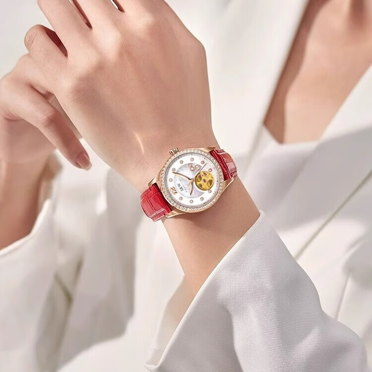 爱沃驰瑞士星座系列时尚镂空防水全自动机械手表女士表七夕生日礼物送女 玫壳白盘黑皮|进口机芯