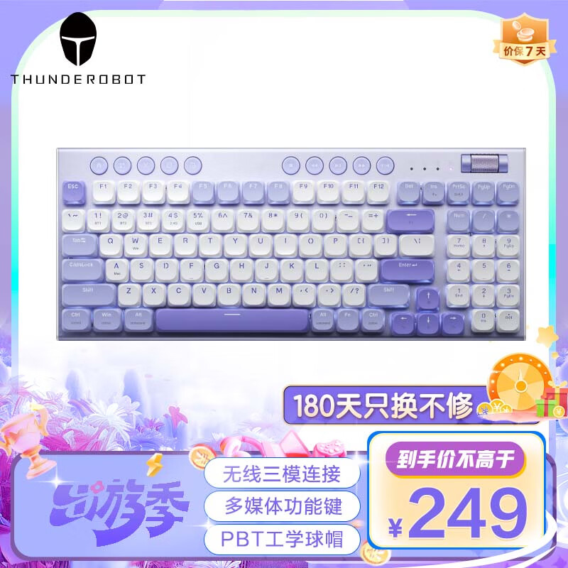 雷神（ThundeRobot）K96水光紫藤 三模矮轴机械键盘 2.4G/蓝牙/有线 无线办公键盘 Mac/iPad键盘 PBT键帽96键