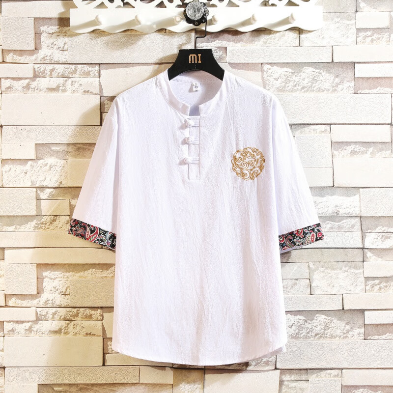 细熙麻布衣服男夏季中式古风休闲上衣中国风盘扣亚麻短袖t恤 白色 m