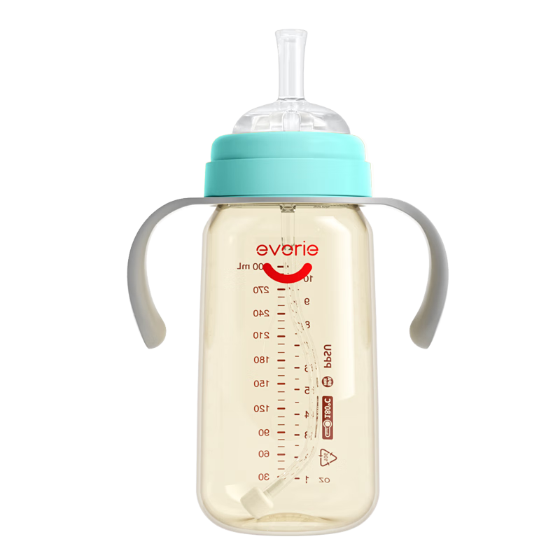evorie 爱得利 IVORY）婴儿吸管奶瓶 吸嘴奶瓶 一岁以上宽口径带手柄PPSU奶瓶 300ml绿
