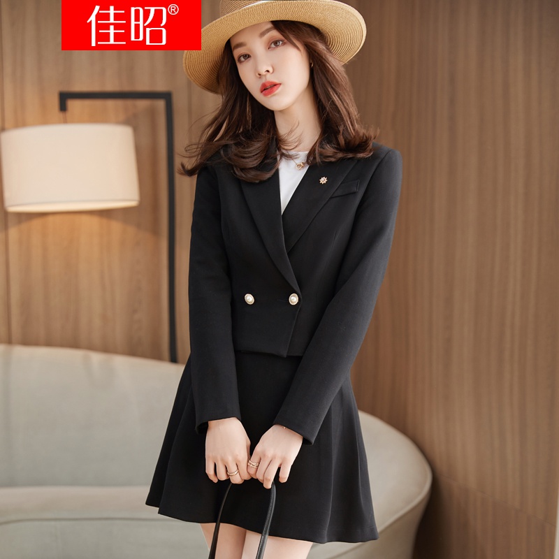 高穿搭西装外套女春秋短款蓝色职业休闲西服短裙套装150 单件黑色西装