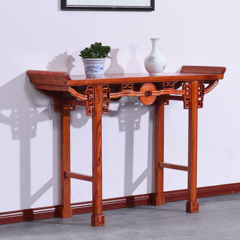 紫翼狮南榆木实木仿古条案条桌卷头带抽屉香案桌条几翘头案台 铜钱