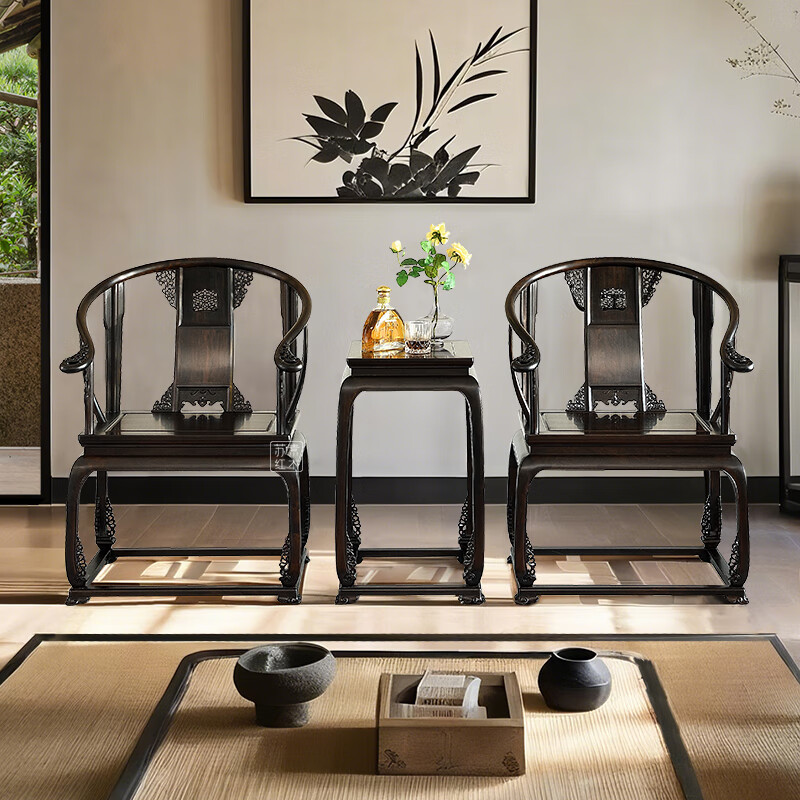 苏素红木家具紫光檀(学名:东非黑黄檀)王世襄款皇宫椅三件套中式实木