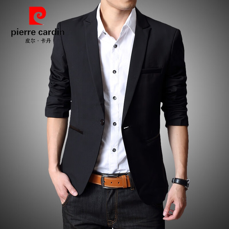 皮尔卡丹西服男 商务休闲绅士小西装男士正装薄款上班工作服黑色修身