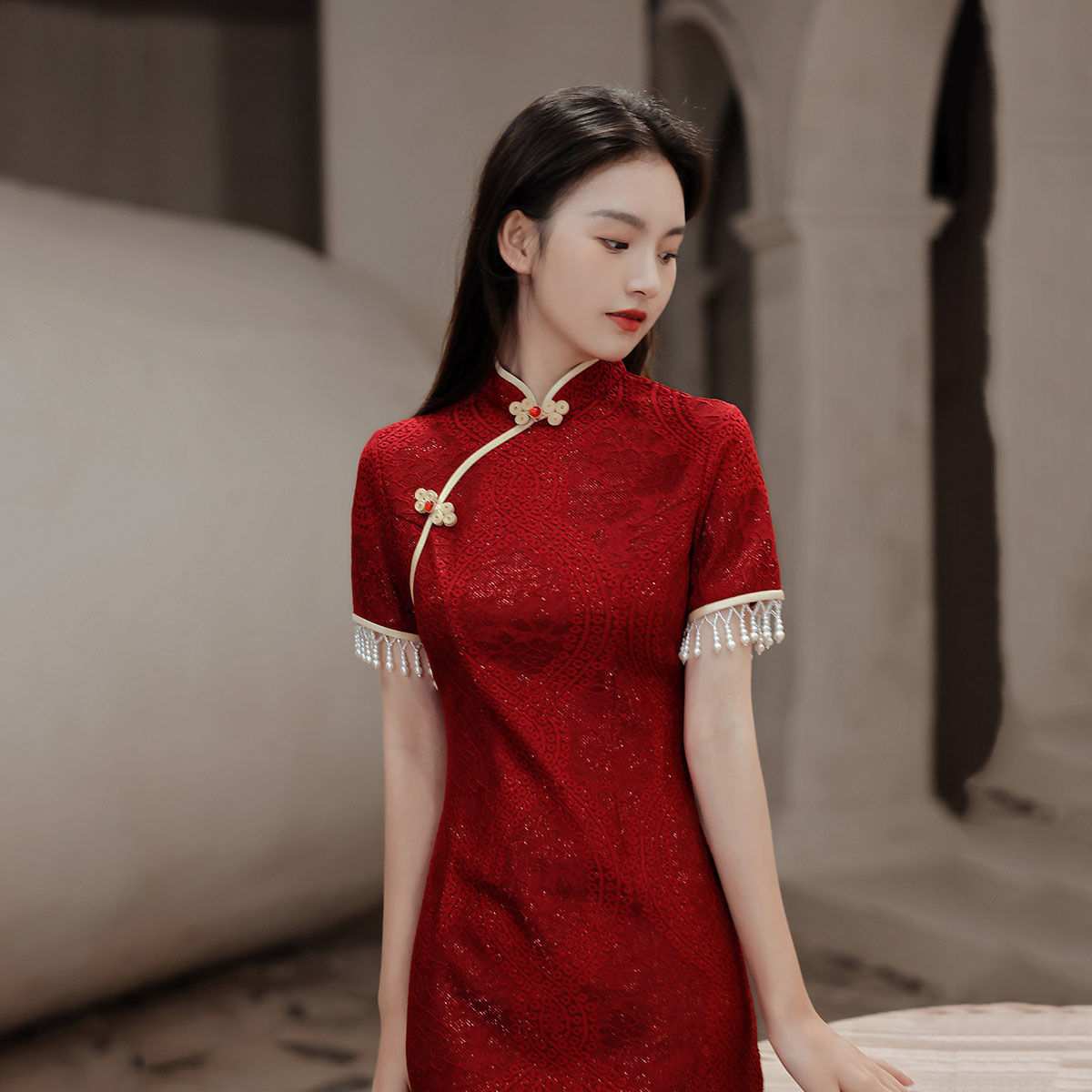 服新娘2022新款中式旗袍裙小个子宴会气质优雅结婚订婚礼服女 酒红色