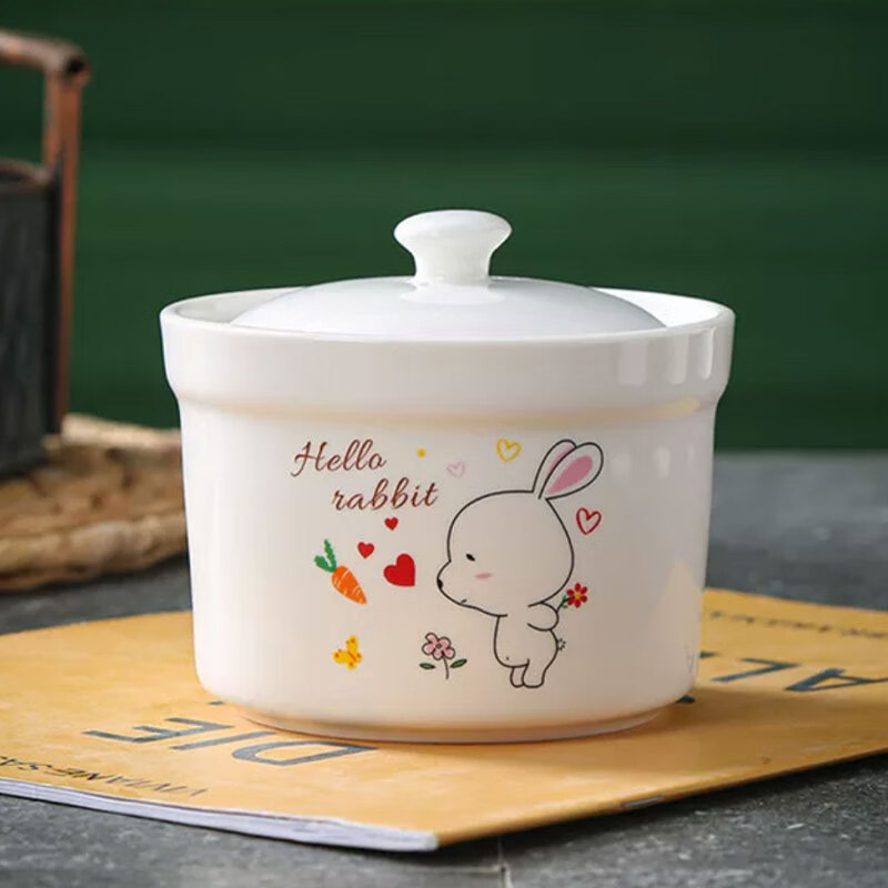 碗陶瓷宝宝辅食碗小号带盖隔水炖盅汤盅燕窝甜品盅炖杯 亲亲兔款400ml