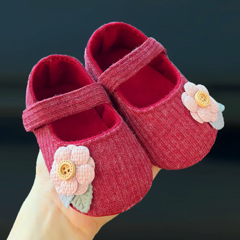 米嘟尔秋冬季婴儿鞋软底女宝宝公主鞋0-1岁步前不掉学步鞋单鞋0-12个月6 诺_酒红(绿叶粉花护脚) 11 S码( 内长11cm 建议0-6个月宝