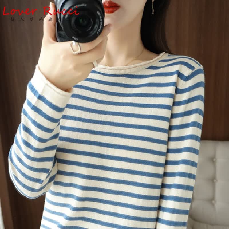 LOVER RUCCI法国纯棉秋冬季新款圆领条纹卷边针织衫女纯棉线长袖t恤宽松打底 米蓝色 XL