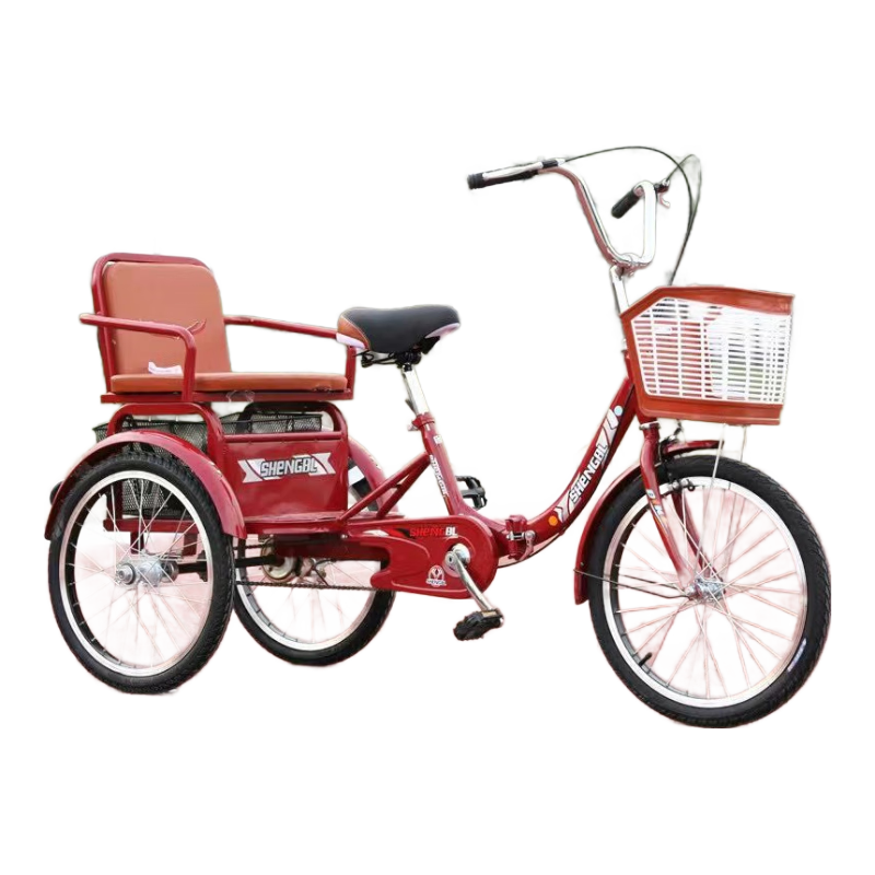 冀三健老年三輪車(chē)人力車(chē)?yán)先四_踏代步雙人車(chē)成人腳蹬自行車(chē)帶孩子 20寸帶座款紅色雙鏈條液壓減