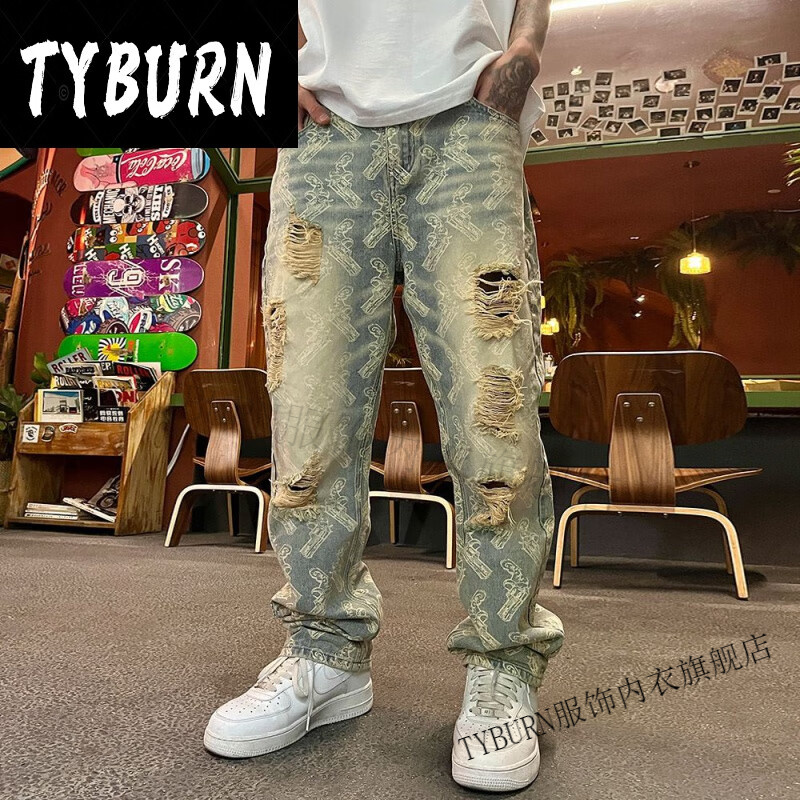 南方少年服饰店south国潮怀旧宽松破洞手印花牛仔裤 怀旧蓝 xl135-150