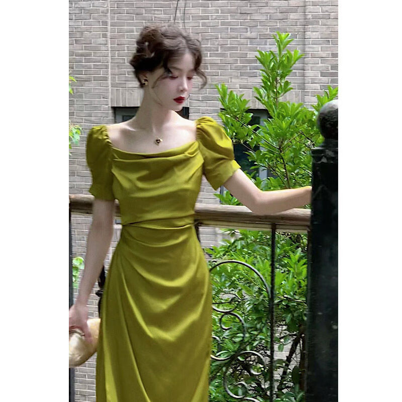 礼服女18岁高级感高中生复古别致显白长裙夏季新款法式气质优 绿色 s