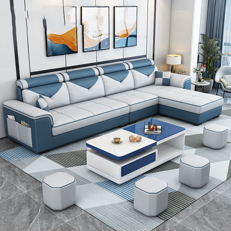 欧卡蔻2025新款沙发客厅整装大小户型简约现代轻奢科技布布艺沙发组合 梵星蓝-免洗科技布 乳胶版四位+脚踏