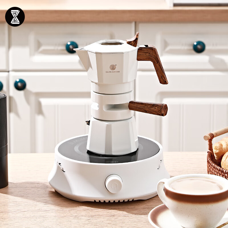 臻航摩卡壶意式咖啡壶双阀两杯份手冲控温咖啡家用户外露营咖啡器具 双阀2杯控温摩卡壶-白色 +布粉器