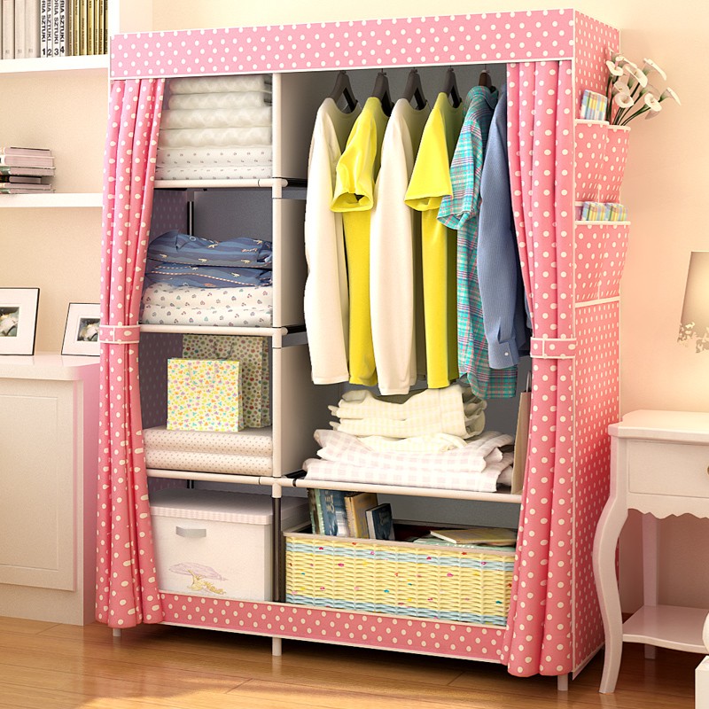简易衣柜双人宿舍家用布艺布衣柜组装组合折叠挂收纳衣橱 粉色点点