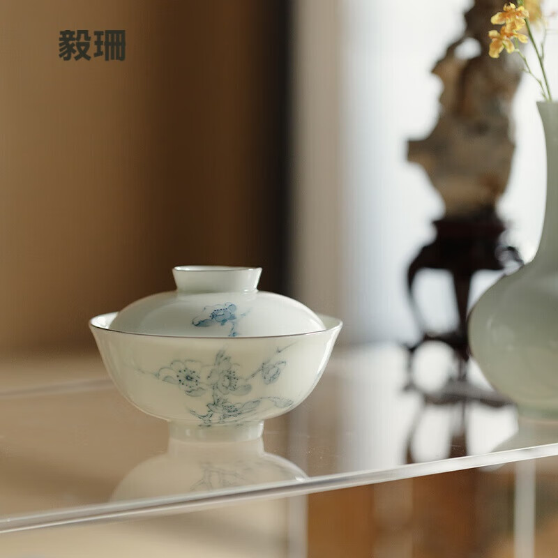 毅珊束刻釉下彩手绘青花盖碗手工陶瓷胎泡茶碗茶杯描金盖碗 无落-古青-圆满盖碗-青花漫香怎么看?
