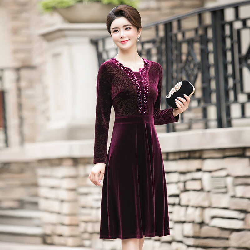 女裙早秋款妈妈款中妈妈春秋装长袖金丝绒连衣裙50岁60中老人女秋季