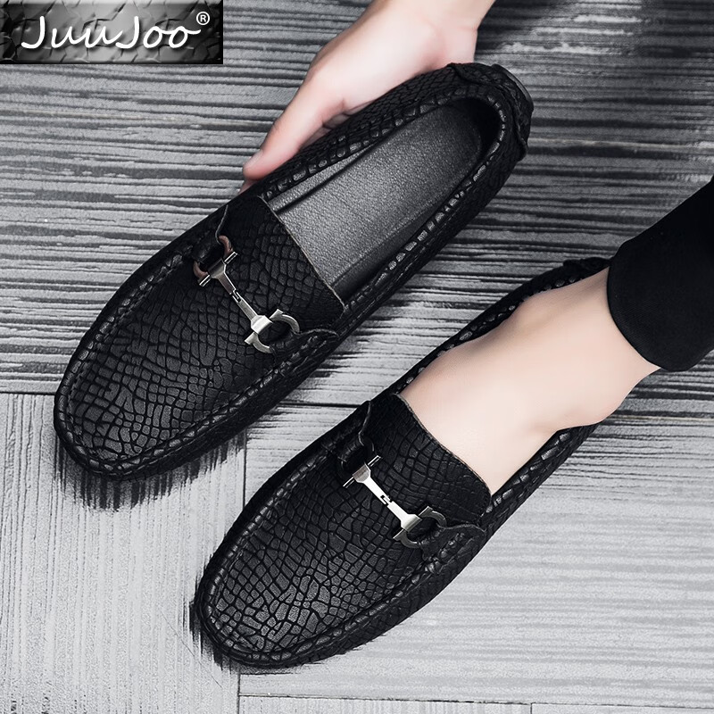 头层牛皮豆豆鞋男英伦风一脚蹬休闲皮鞋男软底透气男鞋子 黑色款式一