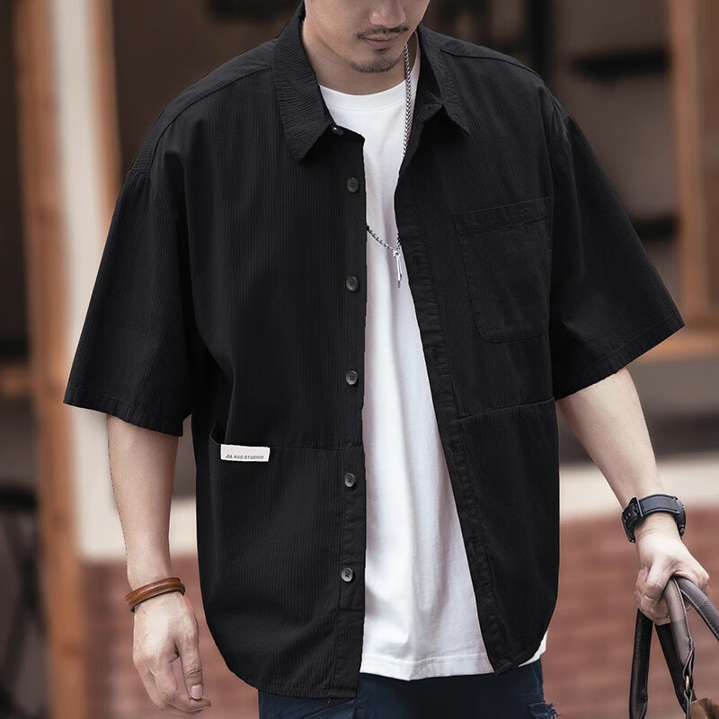 潮天士休閑短袖襯衫男寬松多口袋工裝襯衣男士夏季半袖上衣體恤大碼褂子 黑色直插口袋款 3XL【180-200斤】