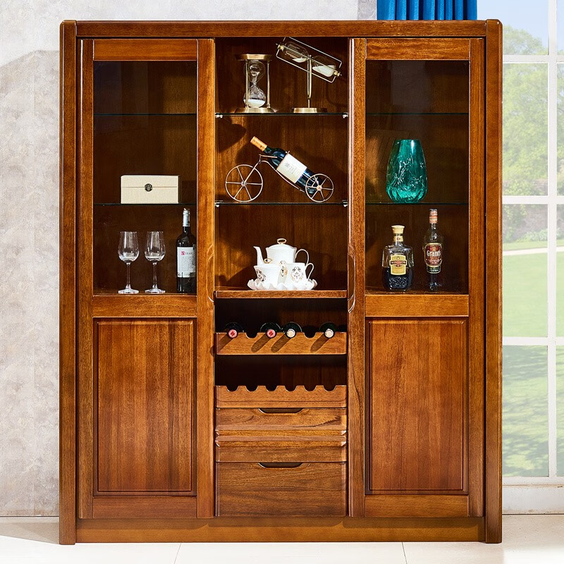 客厅靠墙中式储物柜餐边柜胡桃木置物柜三门展示柜 胡桃木三门酒柜