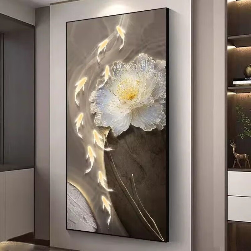 现代轻奢入户玄关装饰画好运锦鲤高档客厅走廊过道挂画背景 富贵有鱼-D款 100*200 黑色铝合金带灯（插电+遥控）