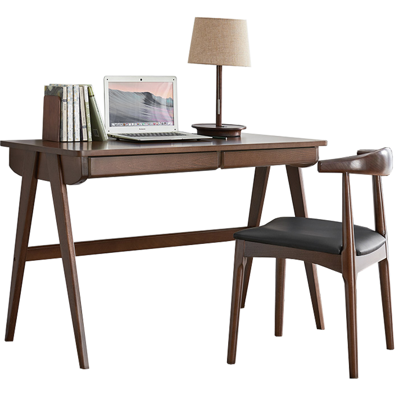 爱必居全实木书桌简约家用学生电脑桌北欧写字台卧室日式书房书桌 1.2米胡桃色书桌+A椅(简约款)