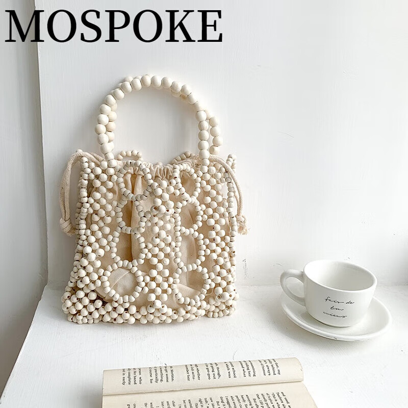MOSPOKE夏季韩版ins新款女手提包小众编织沙滩包手拎时尚镂空珠子包 白色
