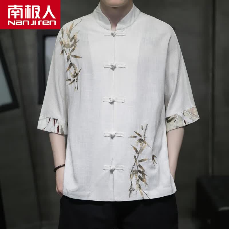 南极人新中式中国风唐装男衬衫夏季改良版竹叶刺绣棉麻盘扣男士衬衣上衣 白色 2XL 建议155-170斤高性价比高么？