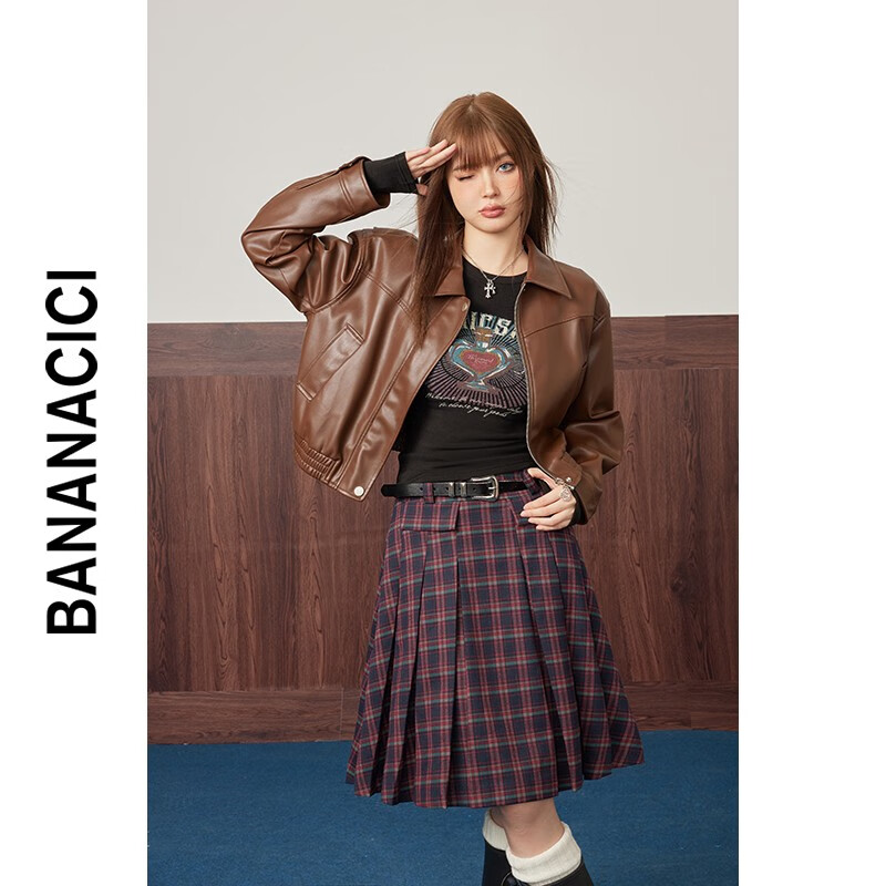 banana cici2023年秋冬新款美拉德复古PU皮百搭机车皮衣外套上衣C234WT167 深咖啡(摩卡咖) L