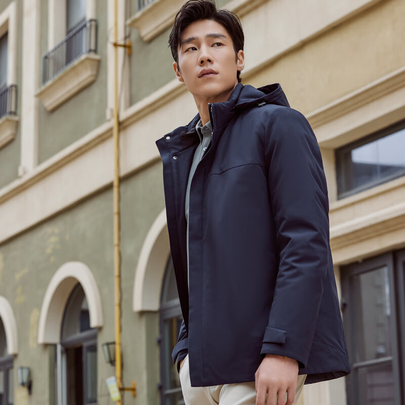 雅戈尔羽绒服男士秋冬【长款连帽90鹅绒】中青年商务休闲保暖外套 藏青VLYD419889FTA XL 180/100A