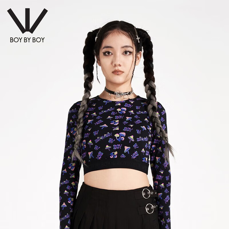 boy by boyboy潮牌女装蘑菇图案满印高腰款长袖t恤秋冬新款w00006