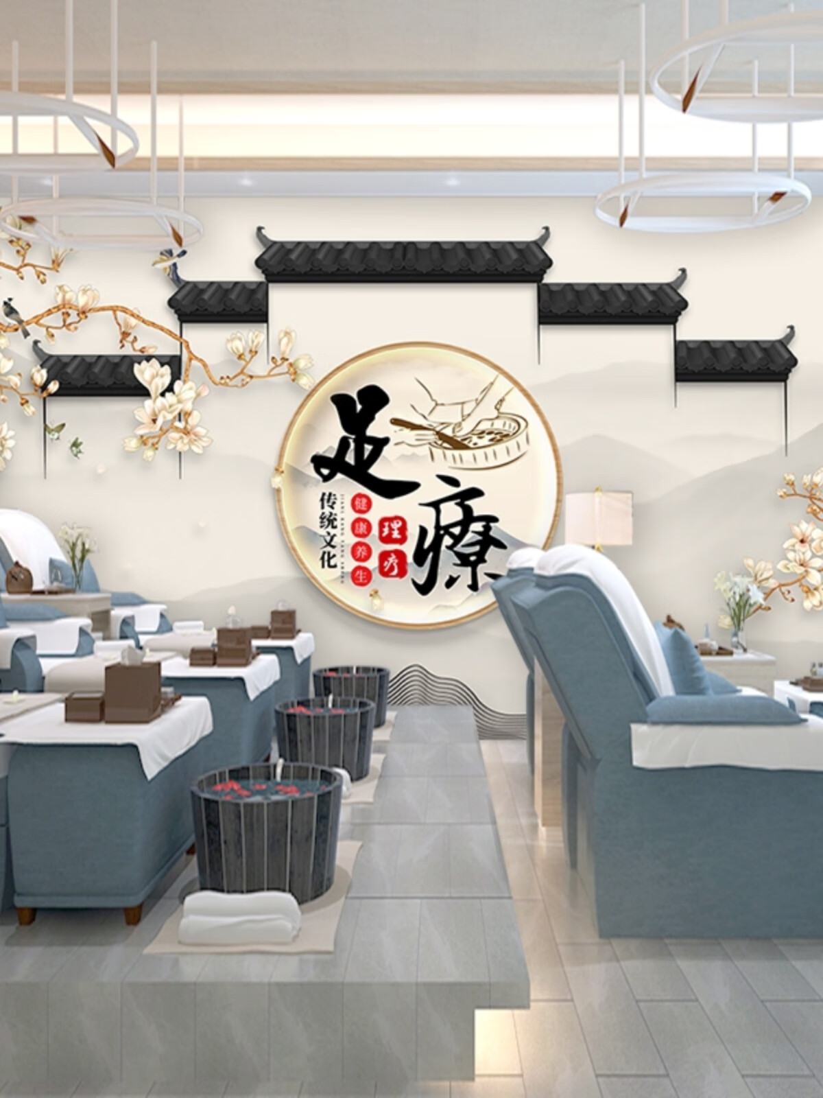 仁聚益3d中医理疗推拿按摩店墙纸中式足疗店吧台背景墙布足道足浴店