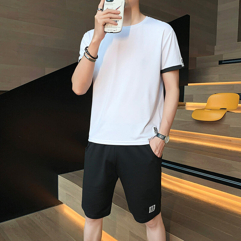 夏季新款男士休闲运动服套装韩版潮流搭配帅气短袖两件套 白色 m