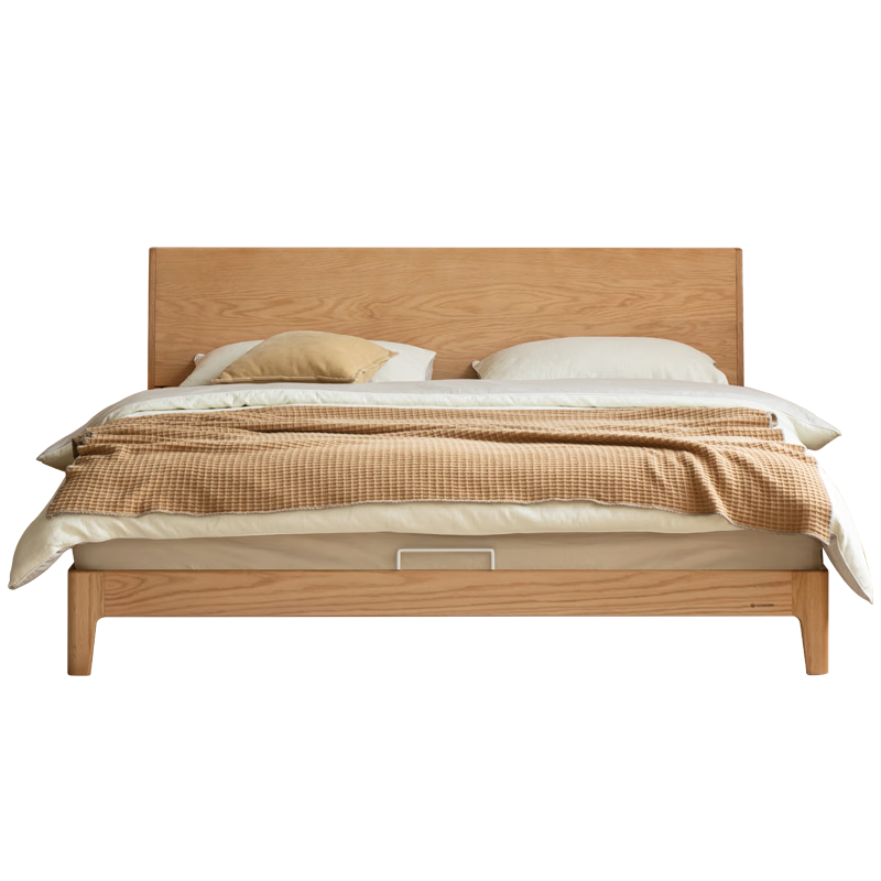 YESWOOD 源氏木语 实木床卧室双人床小户型北欧原木家用橡木斜靠大板床1.5*2.0m低铺