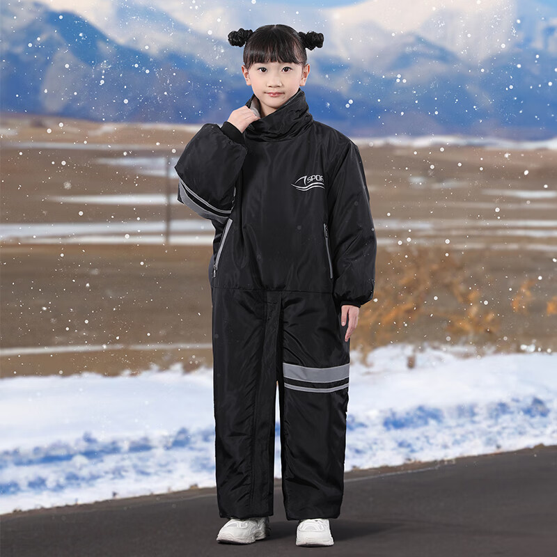 映季 电动车挡风衣冬季加绒加厚亲子防风衣电瓶摩托车防水防寒防风服 黑色120码（无帽） 连体款（尺码推荐参考详情页）