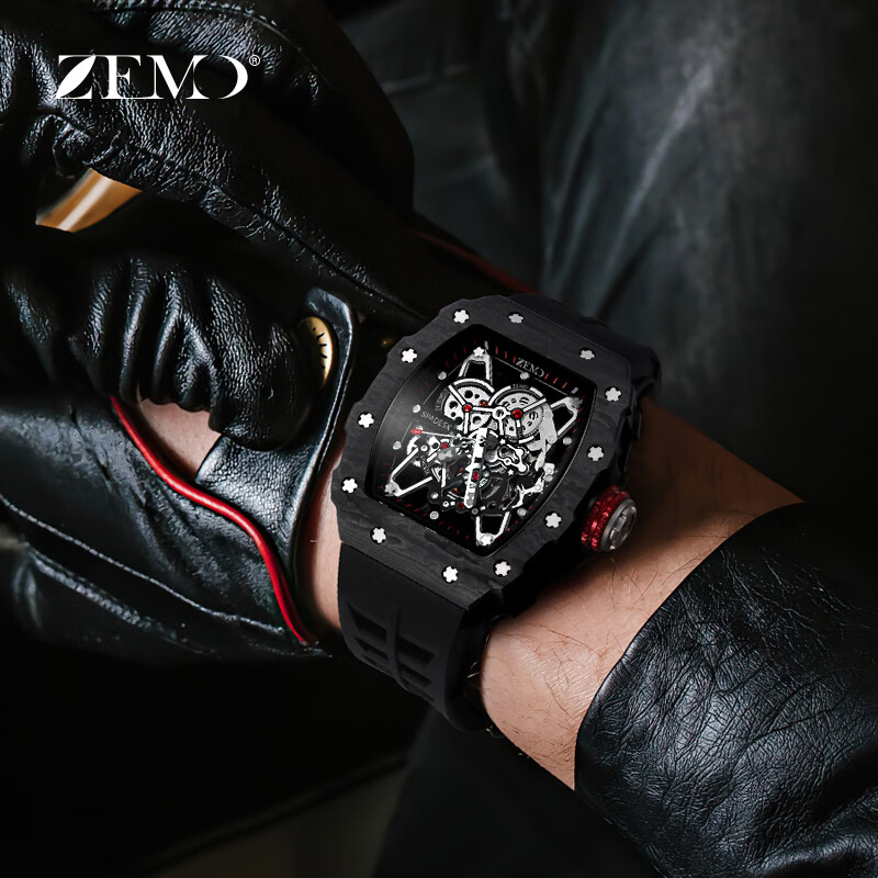 ZEMO男士手表十大品牌查理德镂空全自动机械表瑞士米勒轻奢防水名表男 酷黑橡胶带 超轻耐磨碳纤维