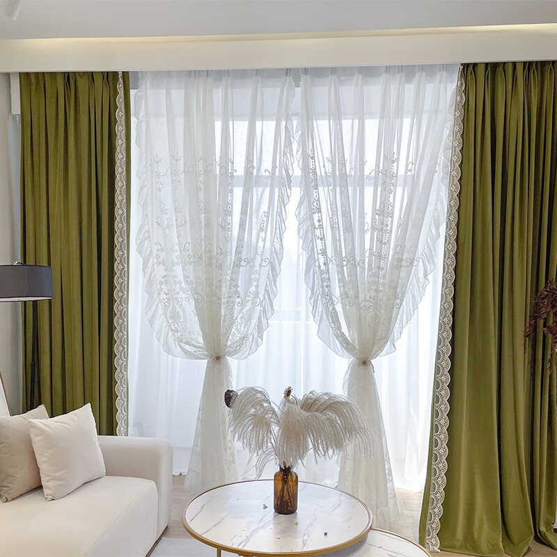 旭伶橄榄绿澳洲羊毛绒 法式复古轻奢现代花边绒布窗帘纱卧室客厅 定制